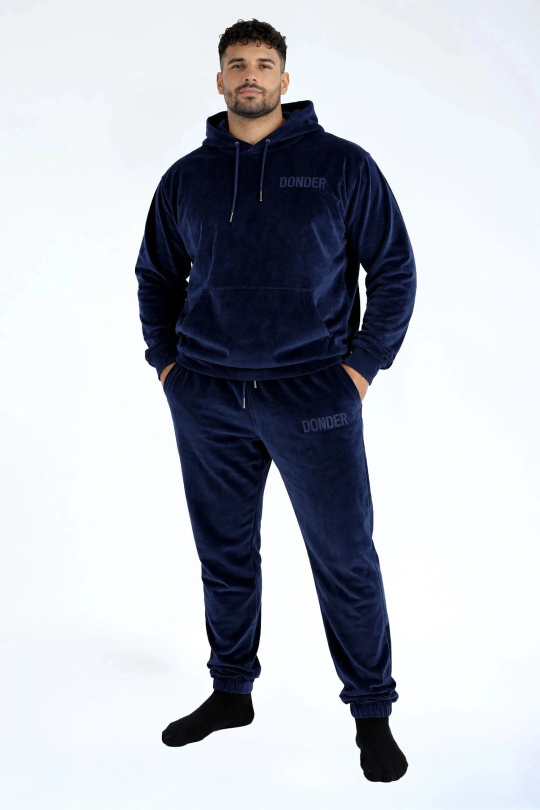 Velvet Jogger Midnight Navy — fluwelen twinning jogger — stofdetail | Donder