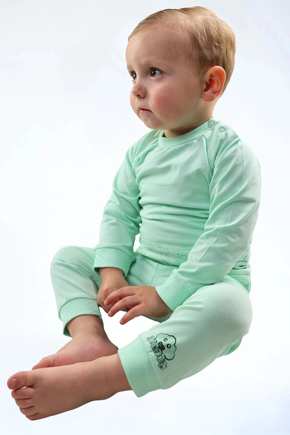 Trainingspakje mint groen — zacht katoenen kinder setje — detail | Donder