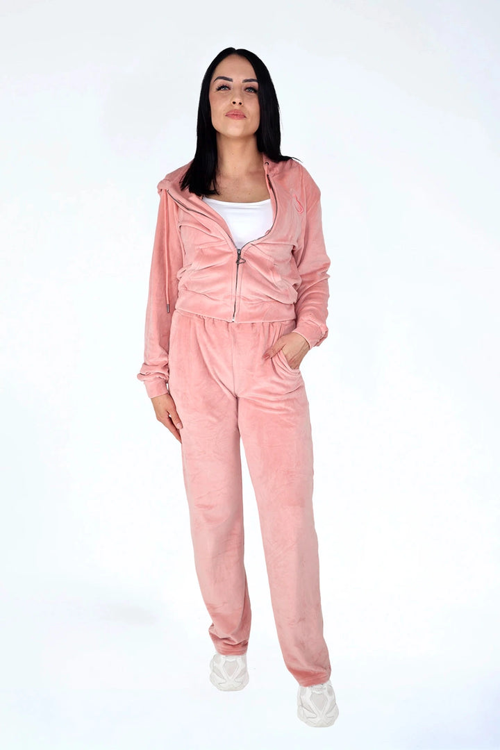 Velvet Suit Adult Fla-Pinko — fluwelen twinning pak roze — close-up | Donder