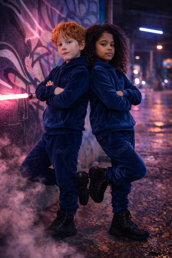 Velvet Suit Midnight Navy — luxe fluwelen kinderpak blauw — kleurdetail | Donder