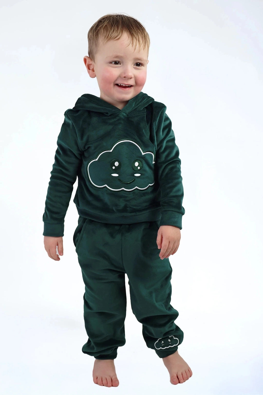 Velvet Suit Forest Green — luxe fluwelen kinderpak groen — stofdetail | Donder