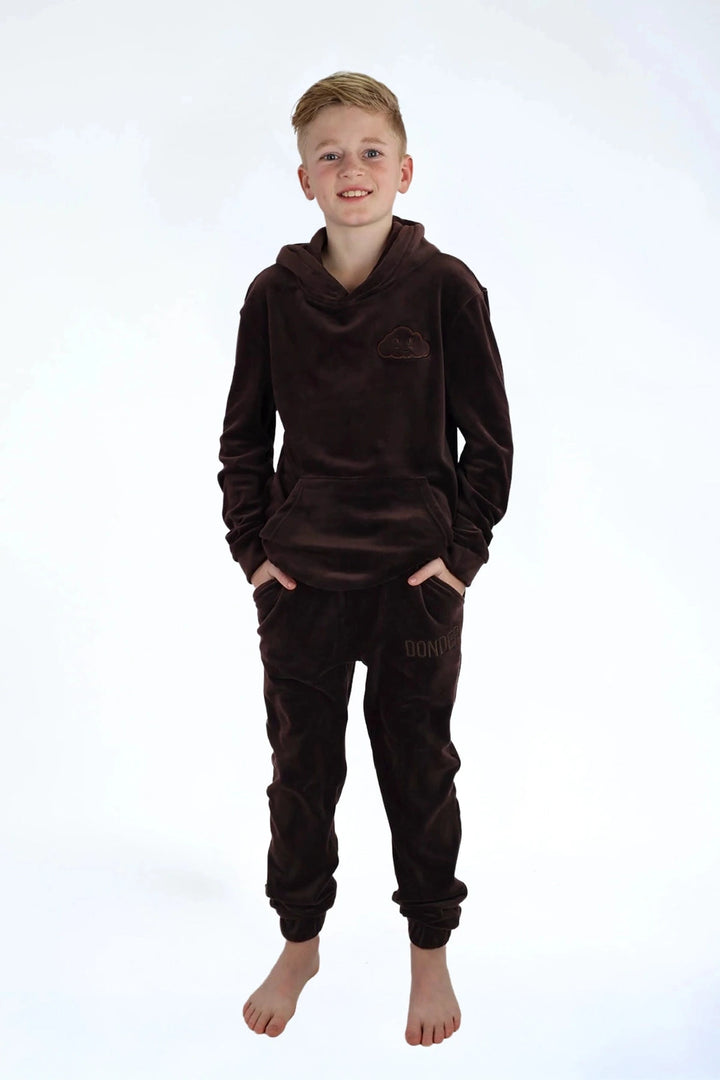 Velvet Suit Teddy Brownie — luxe fluwelen kinderpak bruin — achterkant | Donder